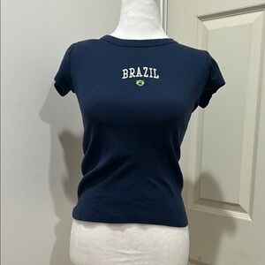 Brandy Melville Blue and White Fitted Cap Sleeve Tee